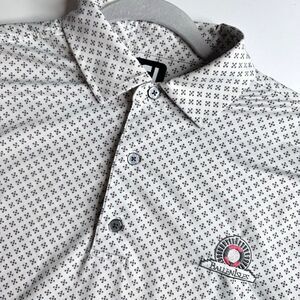 FJ Ballen Isles Golf Polo Sz L White‎ Gray Pink Geometric Over Print Performance